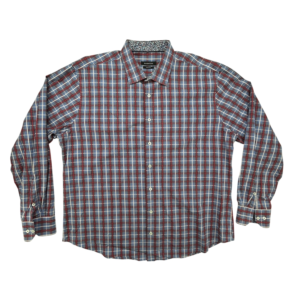 Bugatchi Shirt Mens Large Shaped Fit Plaid Button Up Long Sleeve 100% Cotton